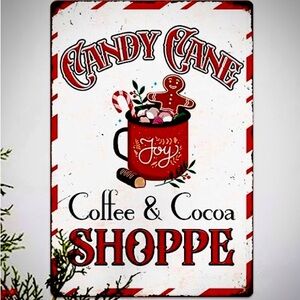 ♥️New! Vintage Candy Cane Coffee Cocoa Shoppe Christmas Holiday Tin Metal Sign